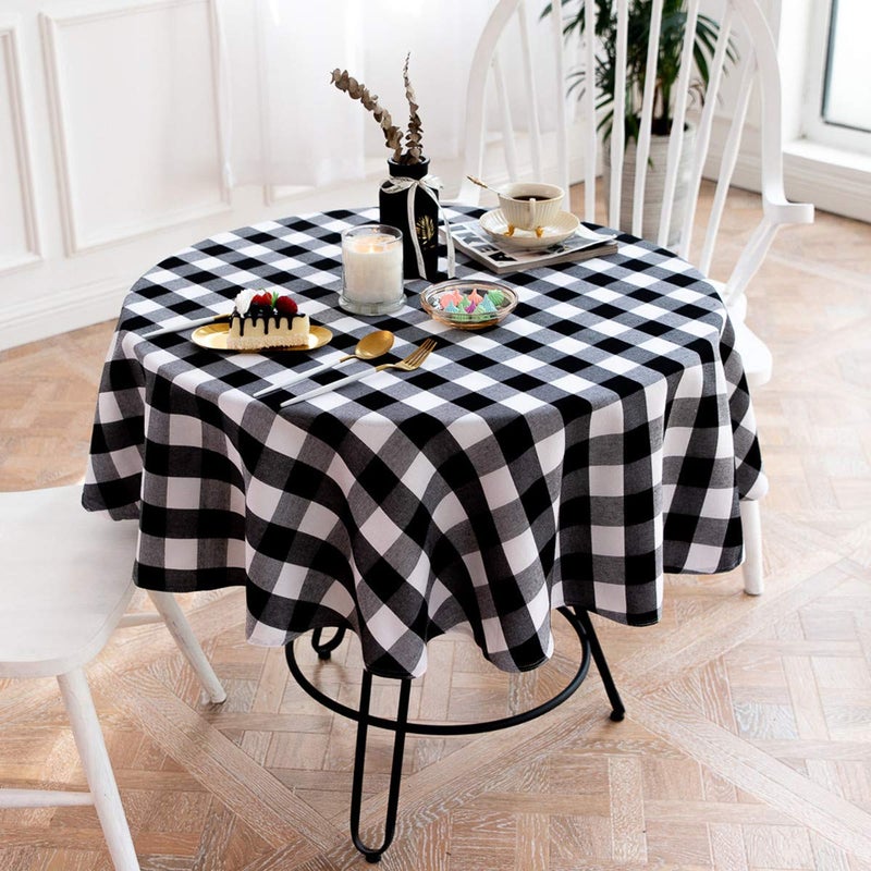 Gleamique Buffalo Plaid Round Tablecloth Checkered Cotton Linen Table Cover for Kitchen Dining Room Home Decor ( Round - 48 Inch, White & Black ) - Image 4